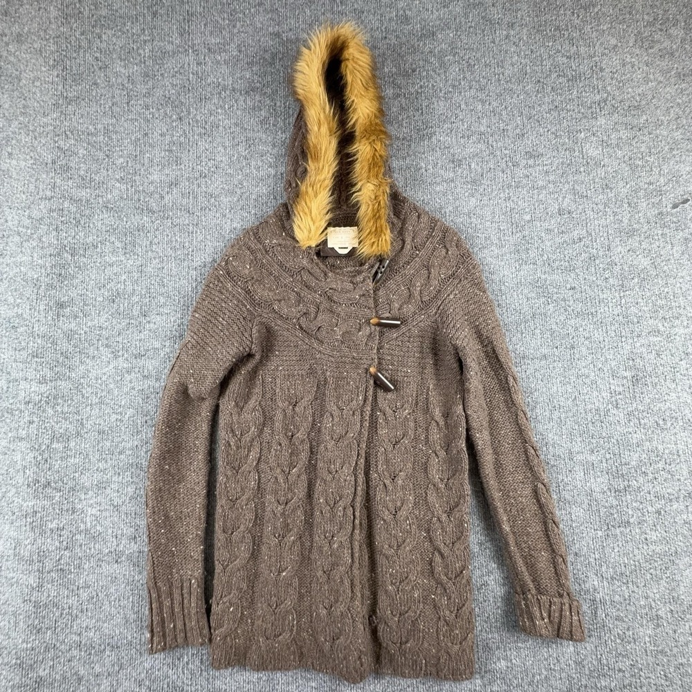 VTG Old Navy Cardigan Sweater Womens Small Brown Hooded Cable Knit Faux Fur Trim